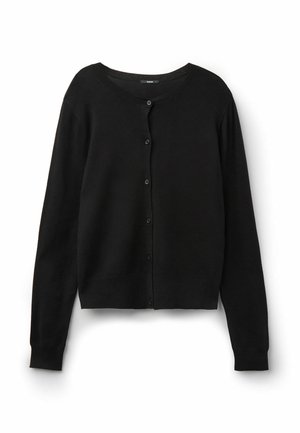 Cárdigan negro, material de punto, cuello redondo, mangas largas, cierre frontal con botones y puños y dobladillo acanalados. Textura suave.