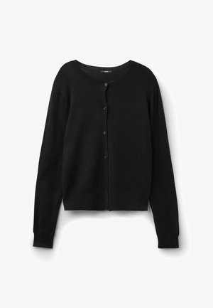 Black cardigan, knitted material, round neckline, long sleeves, front button closure, and ribbed cuffs and hem. Smooth texture.