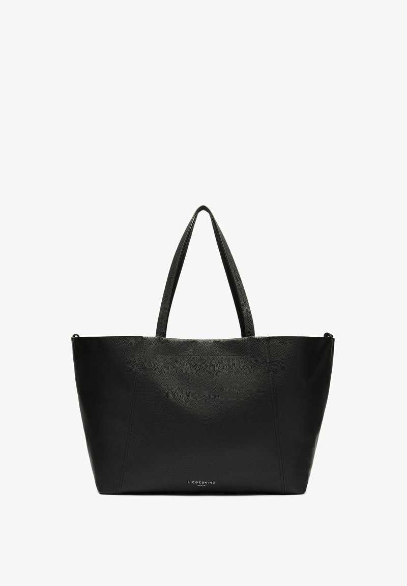 Schwarze Leder-Handtasche mit strukturierten Oberflächen, zwei langen Griffen, weitem Öffnungsbereich und einem dezenten Markenlogo auf der Vorderseite.