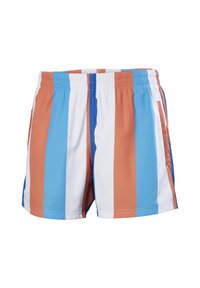 Męskie szorty kąpielowe z pionowymi paskami w kolorach pomarańczowym, niebieskim i białym. Elastyczny pas, lekki materiał oraz boczne kieszenie.