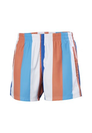 Costumi da bagno da uomo con strisce verticali arancioni, blu e bianche. Vita elastica, materiale leggero e tasche laterali.