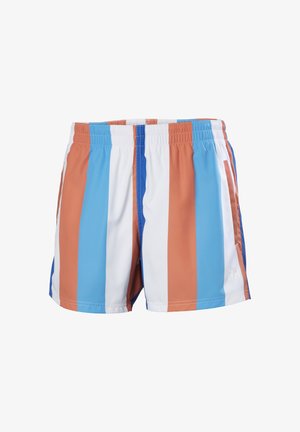 Heren zwembroek met verticale strepen in oranje, blauw en wit. Elastische tailleband, lichtgewicht materiaal en zijzakken.