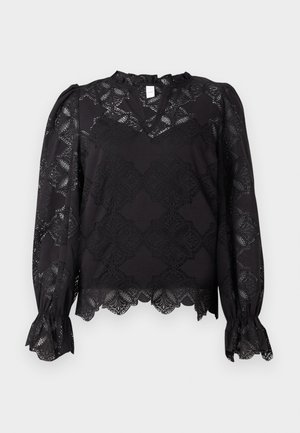 Zwarte blouse met lange mouwen, versierd met bloemige kantpatronen, met ruches aan de mouwuiteinden en een gegolfde zoom, voorzien van een klein ruches kraagje en een keyhole-halslijn.
