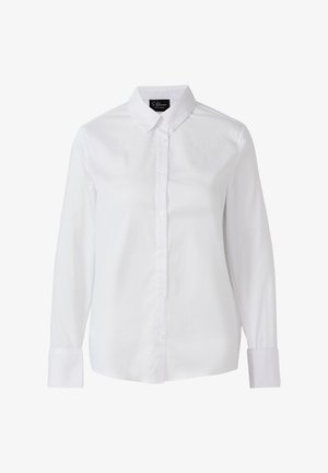 Witte overhemden met lange mouwen en knoopsluiting, voorzien van een strakke kraag. Gemaakt van gladde stof, met knopen aan de voorkant en ronde manchetten. Eenvoudig, klassiek ontwerp.