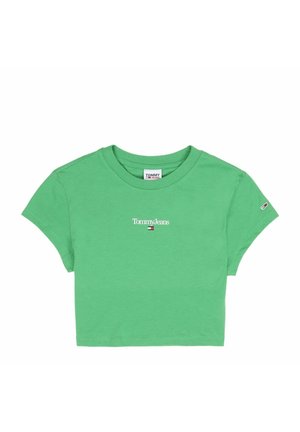 Zelený bavlněný crop top s kulatým výstřihem, krátkými rukávy a vyšívaným logem "Tommy Jeans" na hrudi, s akcenty na rukávu.
