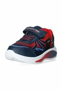 Scarpe da ginnastica rosso e blu con grafica di Spider-Man, suola bianca imbottita, cinturino regolabile con velcro e parte superiore testurizzata.