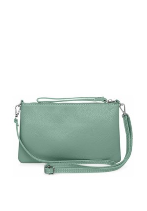 Mintgrüne Leder-Crossbody-Tasche mit texturierter Oberfläche, Reißverschlussverschluss und verstellbarem Riemen. Kompakte rechteckige Form, minimales Hardware-Design.