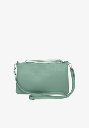 Mintgrüne Leder-Crossbody-Tasche mit texturierter Oberfläche, Reißverschlussverschluss und verstellbarem Riemen. Kompakte rechteckige Form, minimales Hardware-Design.