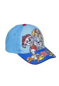 Casquette de baseball bleu clair avec une visière bleue, ornée de personnages de chiens de dessin animé imprimés sur le devant. Fabriquée en tissu, avec des coutures visibles.