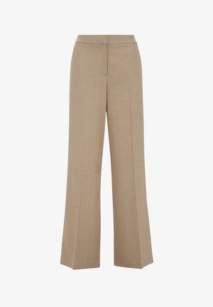 Beige wijde broek gemaakt van een gestructureerde stof, met een platte taille en subtiele kreukdetails langs de benen.