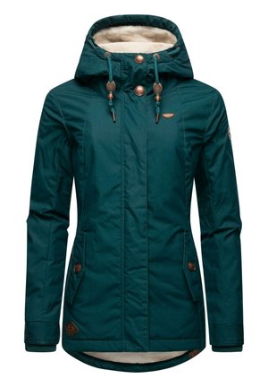 Teal, geïsoleerde jas met een bontgevoerde capuchon, knoopaccenten en zijvakken. Glad buitenmateriaal met geribde manchetten.