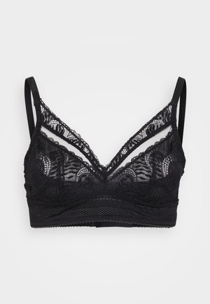 Black lace bralette featuring a v-neck design, delicate floral patterns, adjustable straps, and a soft underband with scalloped edges.