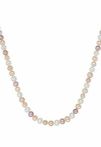 Necklace featuring a sequence of round, lustrous pearls in shades of white, pink, and peach, showcasing a smooth texture and subtle sheen.