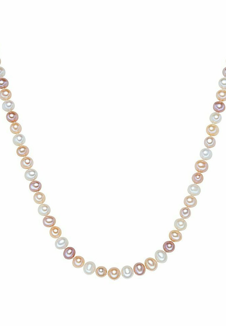 Collana caratterizzata da una sequenza di perle rotonde e lucenti nelle tonalità bianca, rosa e pesca, che mostrano una superficie liscia e un leggero splendore.