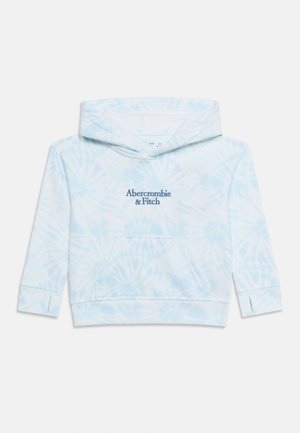 Hellblauer und weißer Tie-Dye-Kinderhoodie mit Fronttasche und „Abercrombie & Fitch“-Logo in Marineblau, mittig auf der Brust.