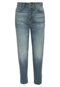 Džíny v rovný střih, světle modré s vybledlým omytem, pět kapes a zapínání na knoflík. Obsahuje jemné přehyby a kontrastní šití.