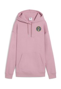 Felpa con cappuccio rosa chiaro in morbido misto cotone. Presenta una tasca frontale, lacci e un patch circolare con logo sul petto.