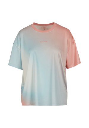 Didelio dydžio marškinėliai iš lengvos medžiagos, kuriuose matyti rožinės spalvos gradientas pereinantis į šviesiai mėlyną. Priekyje paprastas rožinis logotipas.