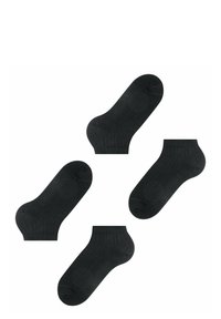 Schwarze Knöchelsocken mit gerippter Textur, abgerundetem Zehenbereich und verstärktem Fersenbereich. Vier Paar ausgestellt, mit glatter Oberfläche.