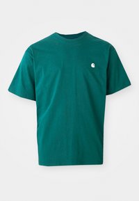 Teal cotton t-shirt with short sleeves, crew neck, and a small white logo on the upper left chest. Smooth texture, relaxed fit.