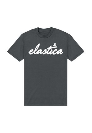 Donkergrijze t-shirt met korte mouwen van katoen, uitgerust met gestileerde witte tekst "elastica" over de borst. Klassiek crew neck ontwerp.