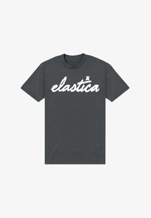 T-shirt corto grigio scuro in cotone, con testo stilizzato bianco "elastica" sul petto. Design classico con collo a giro.