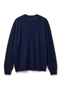 Navyblauer Pullover aus weichem Stoff. Hat lange Ärmel und einen runden Ausschnitt. Glatte Textur ohne sichtbare Muster oder Akzente.