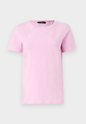 Tricou scurt din bumbac roz, cu gât rotund și mâneci scurte, având o textură netedă și un design simplu, fără modele vizibile.