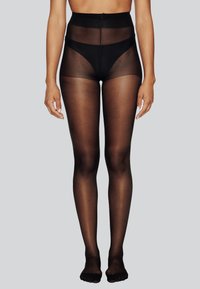Collants noirs transparents avec une taille haute et un design semi-opaque, présentant une texture lisse et un ajustement près du corps.