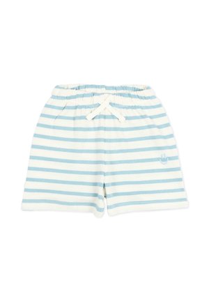 Short en tissu doux avec des rayures horizontales bleu clair et blanc et un cordon blanc à la taille élastique, petit logo brodé sur la jambe.