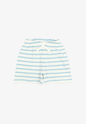 Pantaloncini in tessuto morbido con righe orizzontali azzurro chiaro e bianche e coulisse bianca in vita elastica, piccolo logo ricamato sulla gamba.