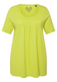 Kurzärmeliges, runder Hals-Top in leuchtendem Gelb, aus glattem Baumwollstoff, mit Falten auf der Vorderseite und einem Herzdessin am inneren Halsausschnitt.