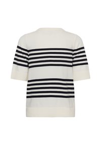 Pull blanc à manches courtes avec de larges rayures horizontales bleu marine dans le dos et sur les manches, ourlet et poignets côtelés. Aucun branding visible.