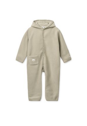 Βρεφικό ολόσωμο φόρμα από fleece ανοιχτό γκρι με κουκούλα, κουμπιά με μπροστινό κούμπωμα, μακριά μανίκια και μικρό πρόσωπο αρκούδας στην αριστερή μπροστινή τσέπη.