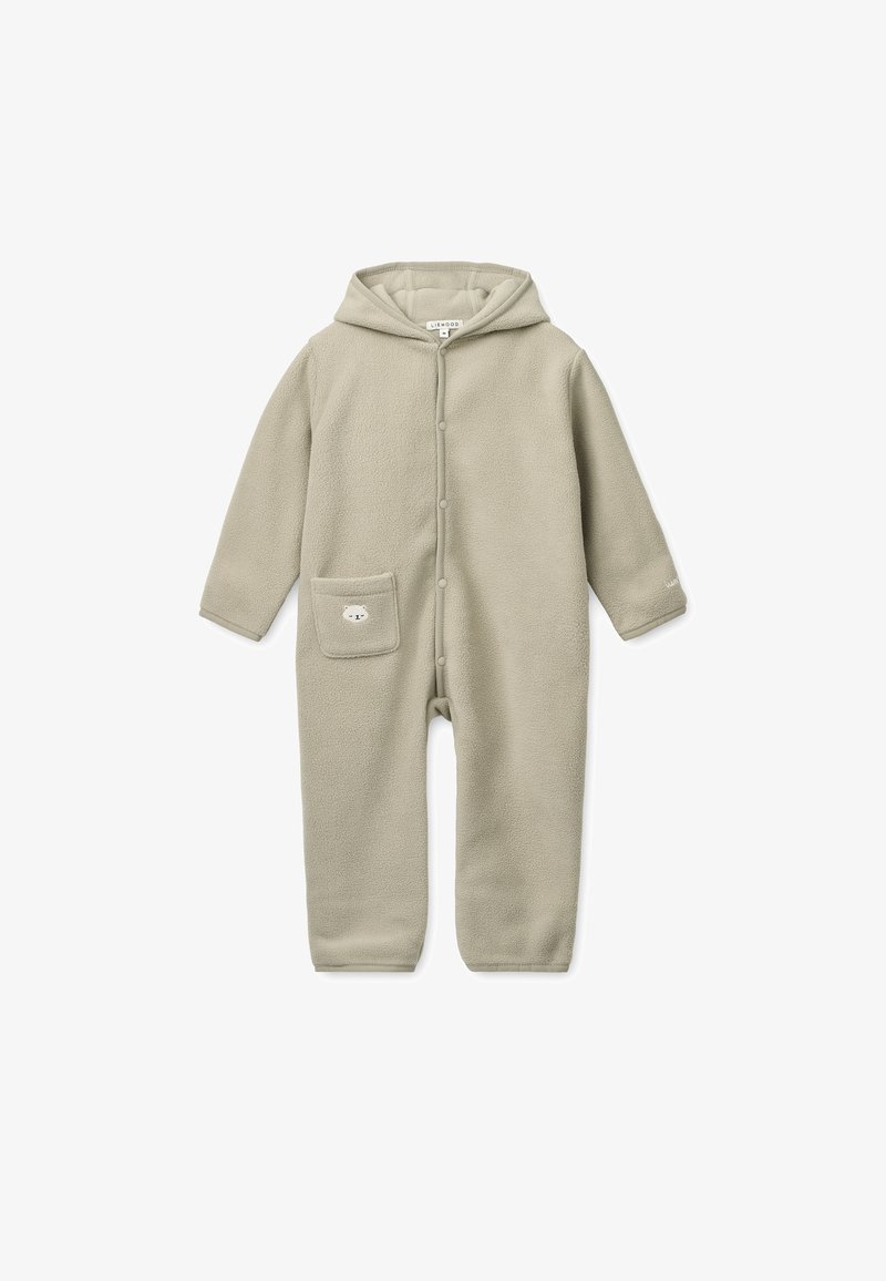 Βρεφικό ολόσωμο φόρμα από fleece ανοιχτό γκρι με κουκούλα, κουμπιά με μπροστινό κούμπωμα, μακριά μανίκια και μικρό πρόσωπο αρκούδας στην αριστερή μπροστινή τσέπη.