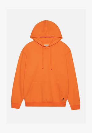 Orangenes Hoodie aus einer Baumwollmischung, mit einem Kängurutasche, Zugbänder und gerippten Bündchen. Einfaches Design, ohne Muster oder Akzente.