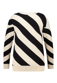 Zwart en crèmekleurig gestreepte trui met een ribbeltextuur, een ronde halslijn en een diagonale streepjespatroon op de achterkant.