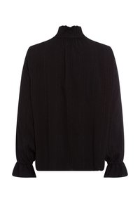 Schwarze Bluse mit hohem Kragen und Raffung. Strukturierter Stoff mit vertikalen Streifen. Lange Ärmel mit gerüschten Manschetten.