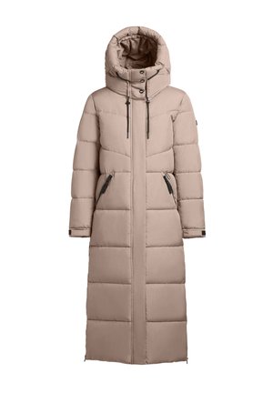 Cappotto lungo beige imbottito con colletto alto, chiusura con zip e bottoni, tasche laterali e texture trapuntata.