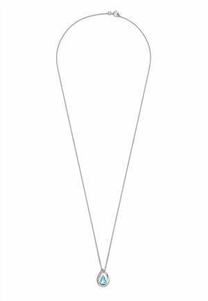 Collier en argent avec un pendentif en forme de goutte d'eau, orné d'une pierre bleu clair, accentué de petits gemmes blanches le long du bord.