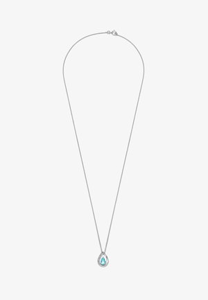 Collana d'argento con un pendente a forma di goccia contenente una pietra azzurro chiaro, accentuata da piccole gemme bianche lungo il bordo.