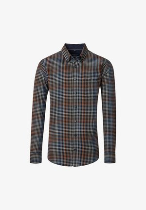 Męska koszula z długim rękawem w kratę w odcieniach granatu, brązu i pomarańczy, wykonana z bawełny, z kołnierzykiem zapinanym na guziki i guzikami z przodu.