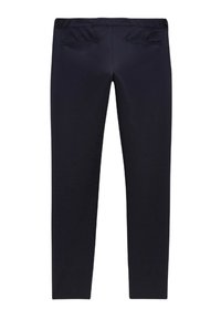 Pantalons navy avec une texture lisse, dotés d'une taille élastique et de deux poches arrière. Conception ajustée avec une coupe droite.