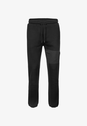 Czarne spodnie dresowe wykonane z miękkiego materiału z elastycznym pasem i regulowanym sznurkiem. Posiadają boczną kieszeń z kontrastowego matowego materiału.