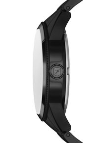 Schwarze Uhr mit einem glatten weißen Zifferblatt, runder Form, strukturiertem Gehäk und auffälligem Krondetail an der Seite. Hergestellt aus langlebigen Materialien.