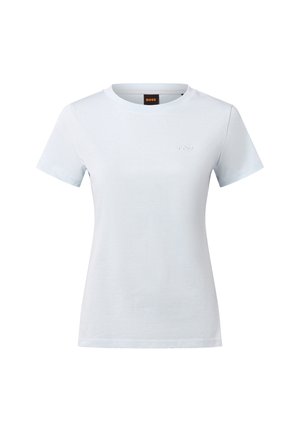 Jasnoniebieska bawełniana koszulka z krótkim rękawem i okrągłym dekoltem. Zawiera wyszywane logo "BOSS" na piersi oraz gładką fakturę.