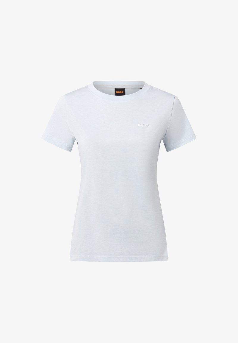 Light blue cotton t-shirt with short sleeves and a round neckline. Features embroidered "BOSS" logo on the chest and a smooth texture.