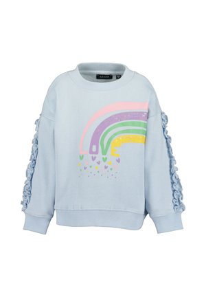 Lichtblauwe kindertrui met gerimpelde mouwen, kleurrijk regenboog- en hartjesontwerp, en het woord "LOVE" op de voorkant.