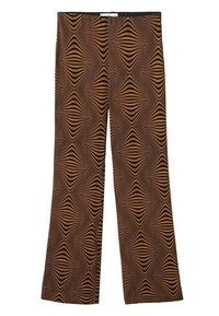 Pantaloni marroni con motivo a onde in tonalità di arancione e nero. Tessuto liscio; presenta una vita aderente. Taglio a gamba larga.