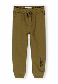 Olijfgroene joggingbroek met elastische tailleband, koord, zijzakken en "totally awesome" in het zwart gedrukt op het linkerpootje.